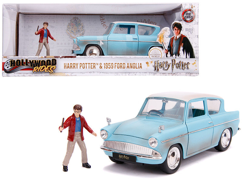 Ford Anglia 1959 Bleu Clair (vieillie) avec Figurine Harry Potter – Modèle Diecast 1/24 Jada